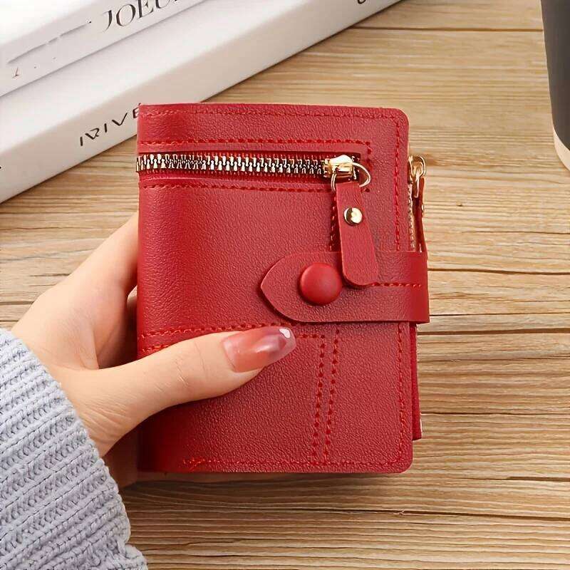 1 ladies' zippered pocket wallet with buckle closure, credit card slots, and ID holder - red foldable design that can store C260304