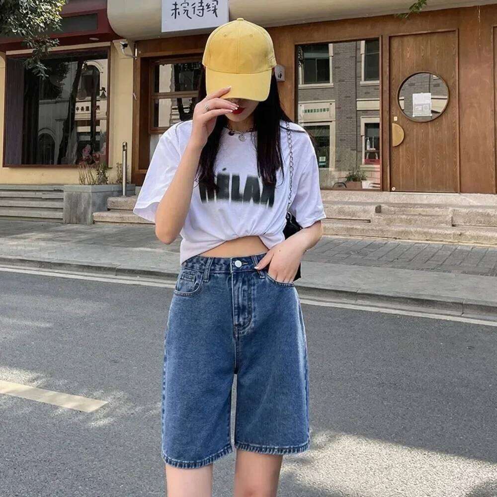 Korean Style Classic Denim Women Summer Blue High Waisted Wide Leg Pants Streetwear Stright Jeans Womens Shorts XJ260305