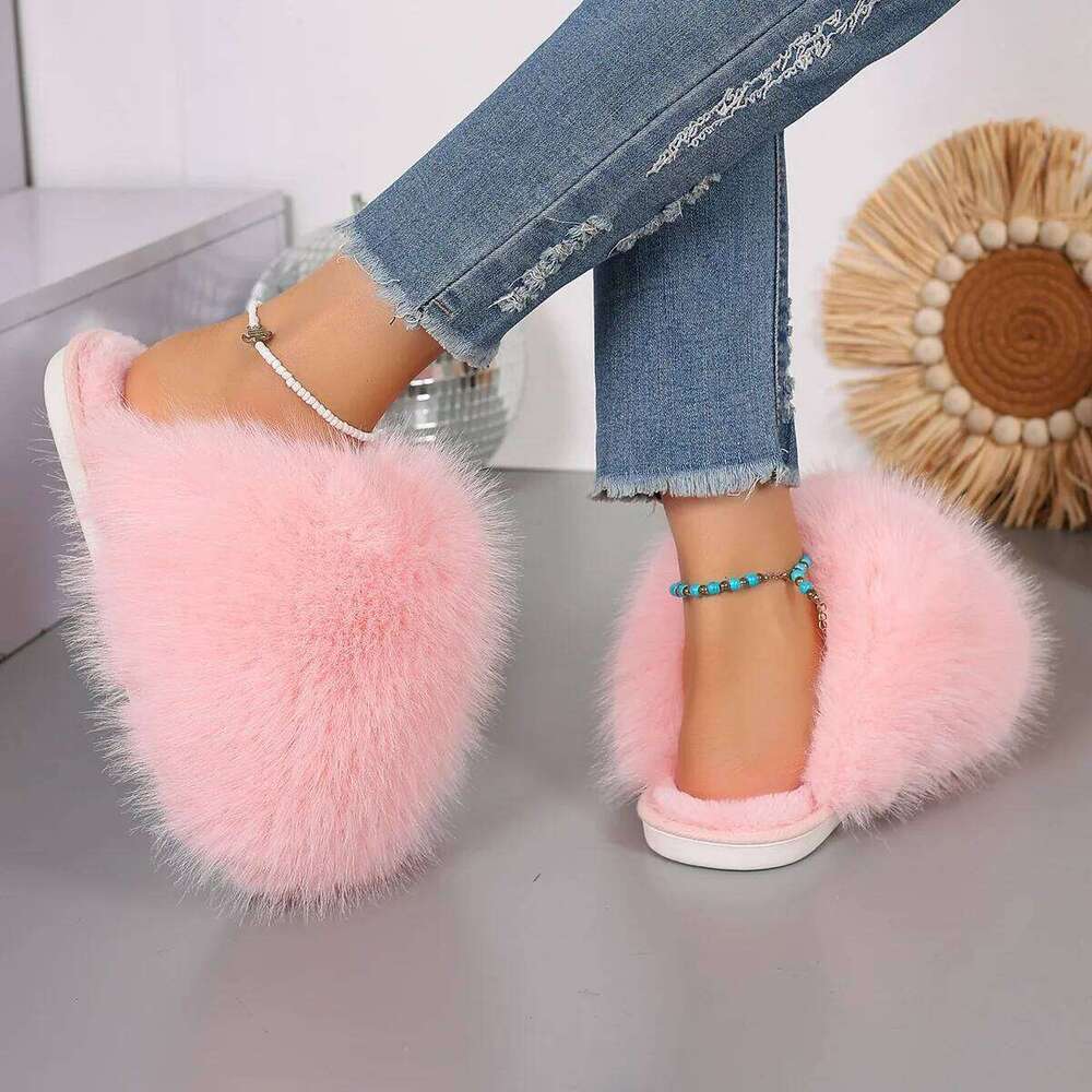 Faux Fur Fluffy Slippers For Women Indoor Street Slides Solid Color Warm Plush Girls Fashion House Shoes Anti-slip Big Size 42