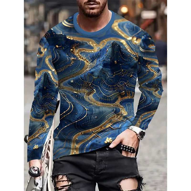 Golden Stripes Pattern T-Shirt For Men Flower Starry Sky 3D Printed T Shirts Autumn Casual Long Sleeves Loose O-Neck Tops Tees M260305