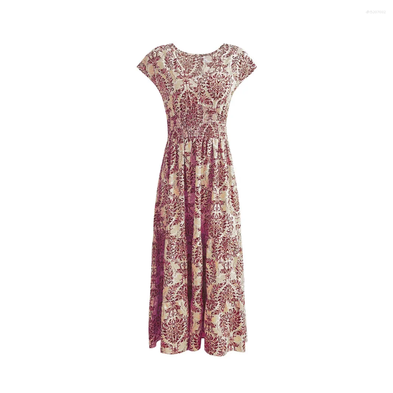 Casual Dresses 2026 Vintage Printed Dress Fashionable And Elegant V-neck Short Sleeved Jumpsuit Long Skirt Womens Clothing