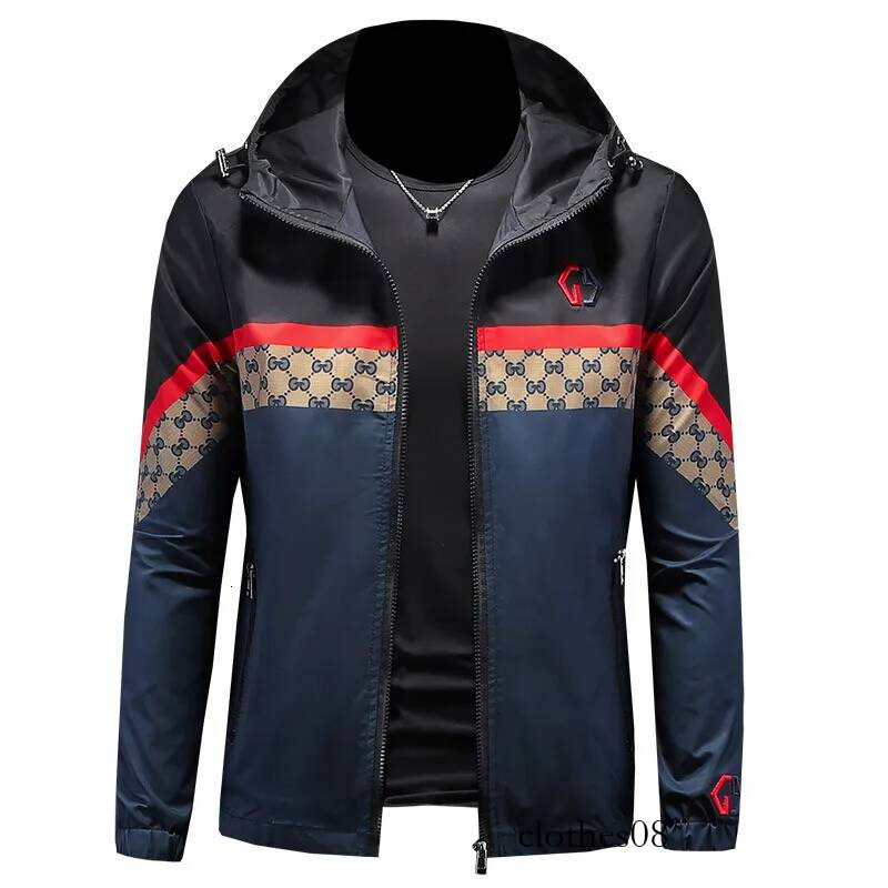 Trendy Letter Print Patchwork Color Hooded Jaet Men's Spring New High End Lightweight Polyester Slim Fit Long Sve Zipper