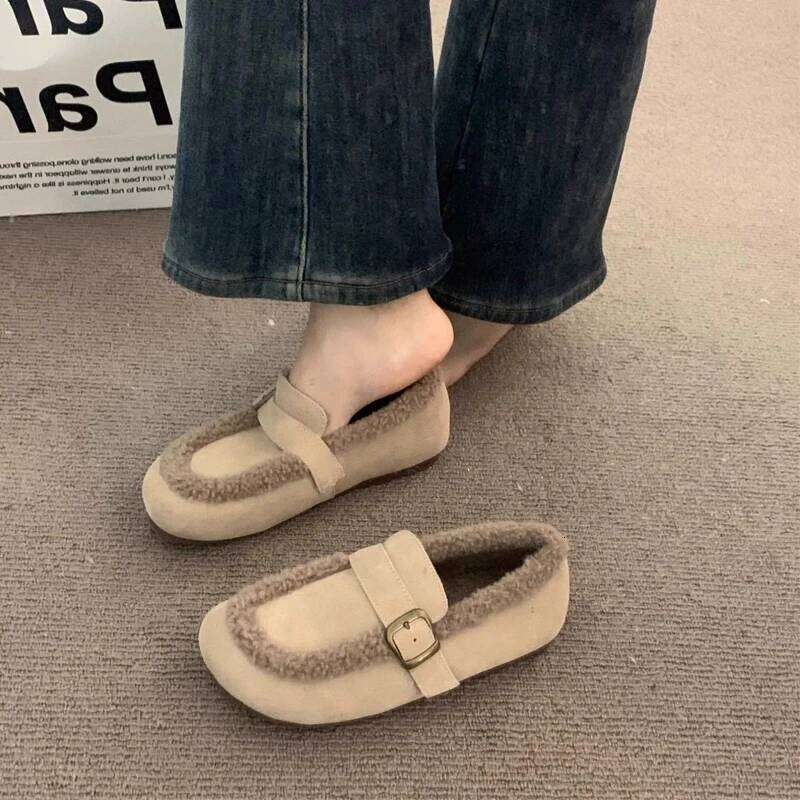 Kidmi New Suede Retro Fleece-Lined Loafers Autumn Winter Warm Slip-on Soft Soled Ladies Women's Cotton Shoes