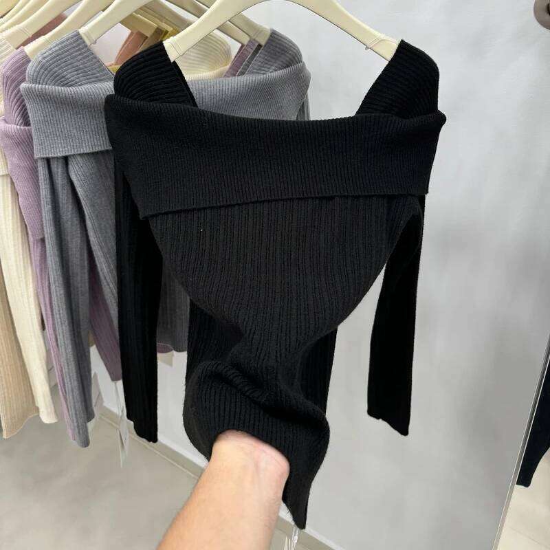 Women Off the Shoulder Sweater Top Ribbed Knit Long Sleeve Pullover Fitted Plain Jumper Ladies Fall Winter Elegant Outfit XJ260305