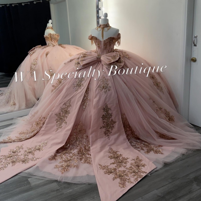 Pink Quinceanera Dresses Ball Gown Off The Shoulder Applique Lace Beading Crystal Bow Tull Corset Party Birthday Sweet 16 Dress Vestidos 15 De Anos