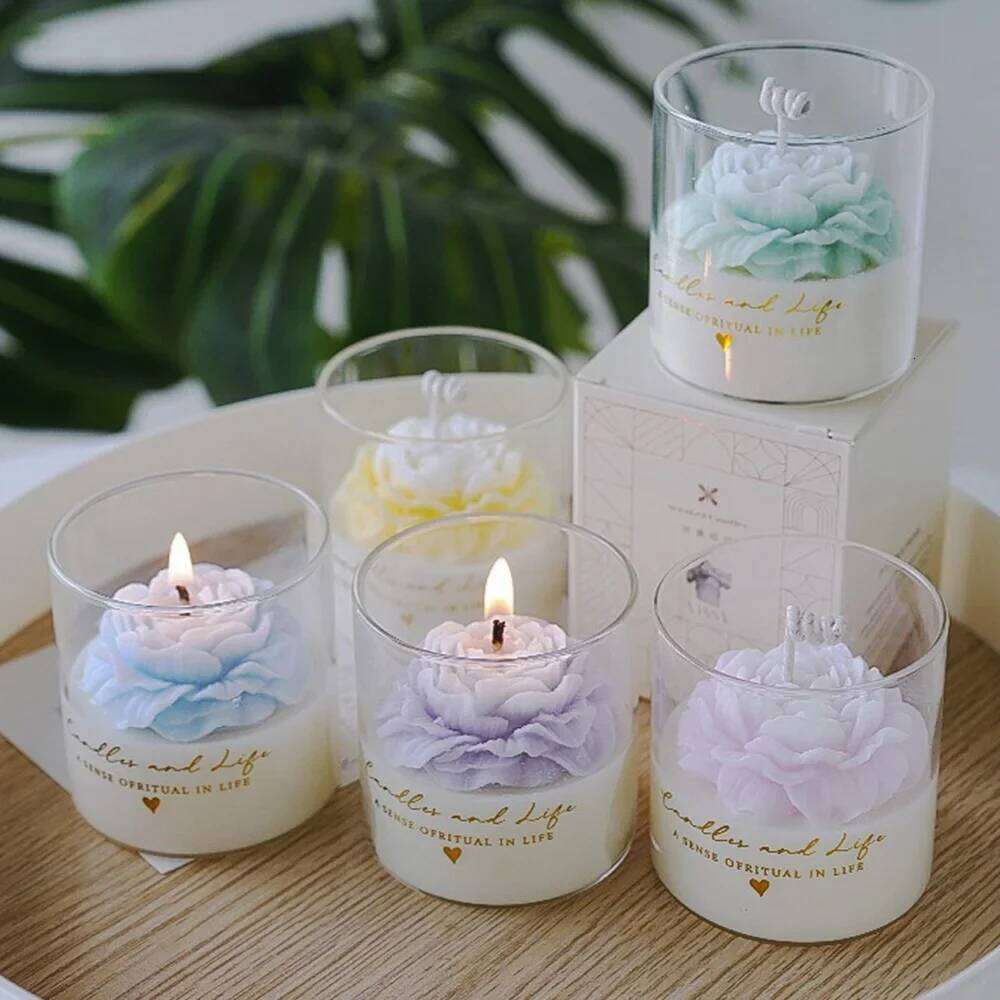 Handmade Peony Flower Glass Cup Scented Soy Wax Candles for Aromatherapy Wedding Birthday Candle Home Party Decoration W260304 W260305