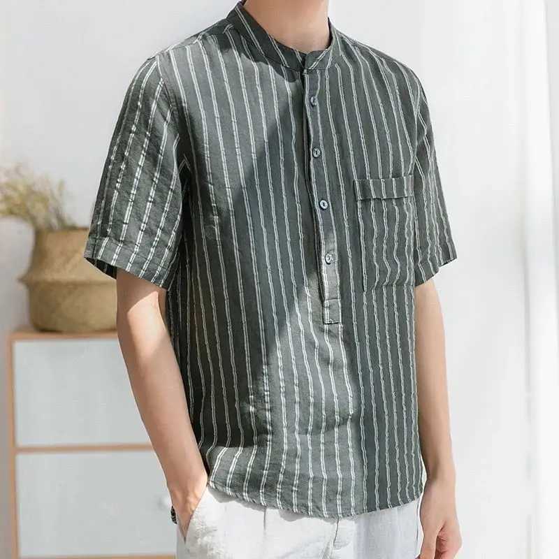 Men Clothing Trendy Japanese Style Vintage Striped Print Short Sleeve Shirt Summer Simple Casual Stand Collar Loose Cotton Tops M260305