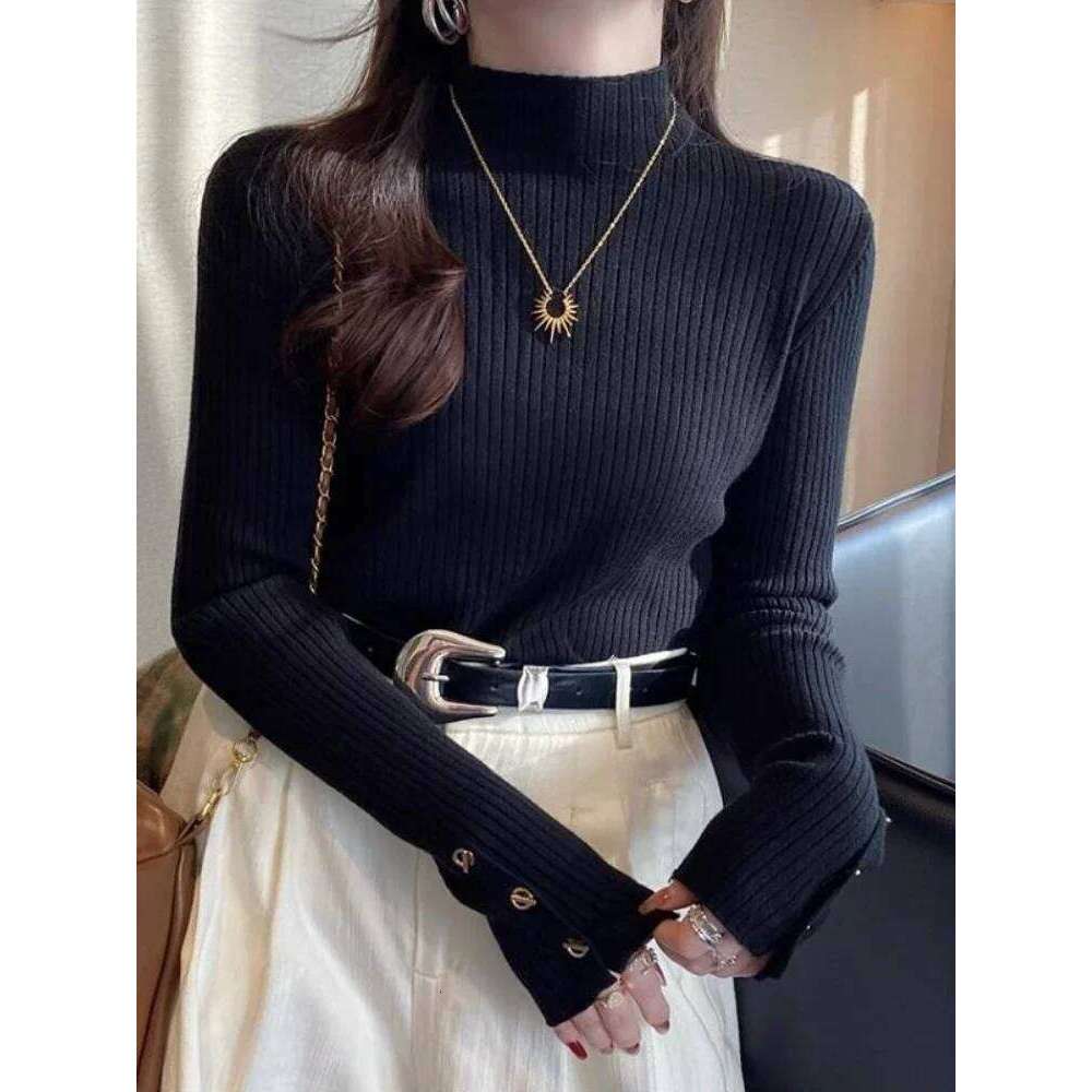 2026 Women Autumn Winter Knitted Slim Sweaters Pullovers Solid Button Full Sleeve Half High Collar Sweater Female Casual Tops XJ260305