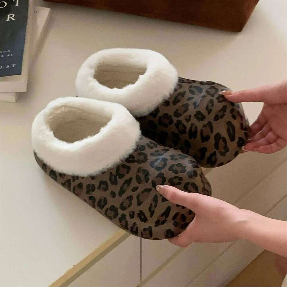 Fashion Leopard Style Waterproof Platform Slippers For Women Indoor Street Fluffy Shoes Warm Faux Fur Soft EVA Girls Home Slides
