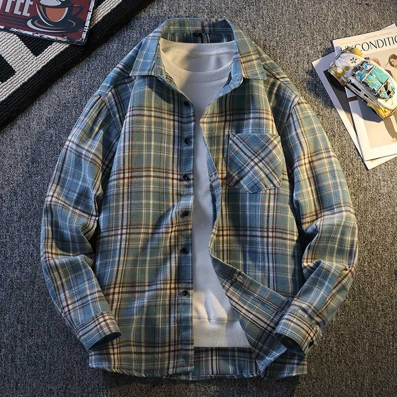 Mens Plaid Shirt Jacket Casual Long-sleeved Streetwear Young Adults Korean Fashion High Street Outwear Spring Man Clothing Top M260305