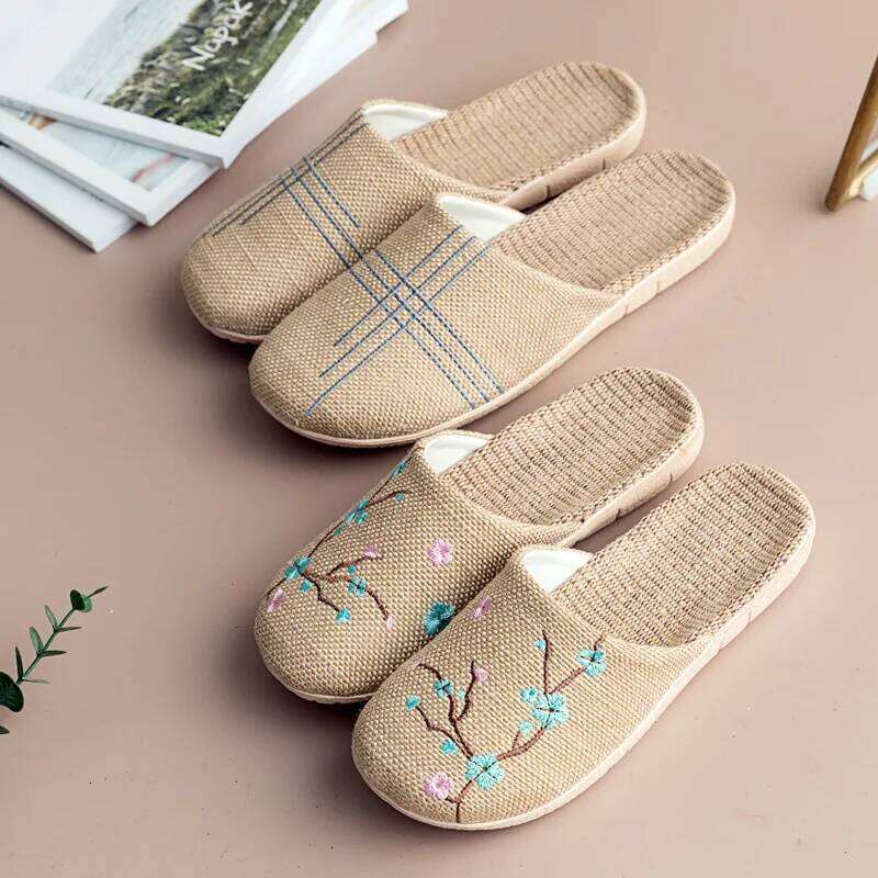 Chinese Style Indoor Linen Slippers For Women Men 2025 Spring Summer Shoes Ani-slip Light Weight Embroidery Couples Home Slides