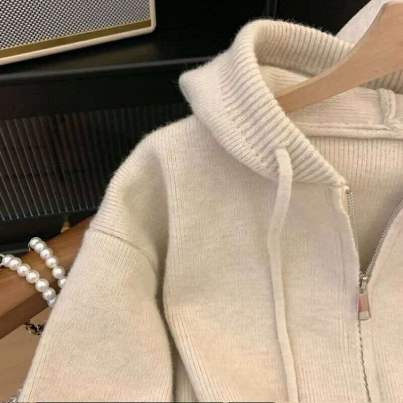 Khaki Knitted Hooded Cardigans Women Casual Drawstring Students Sweaters Zip-up Coats Spring Winter Loose Soft XJ260305