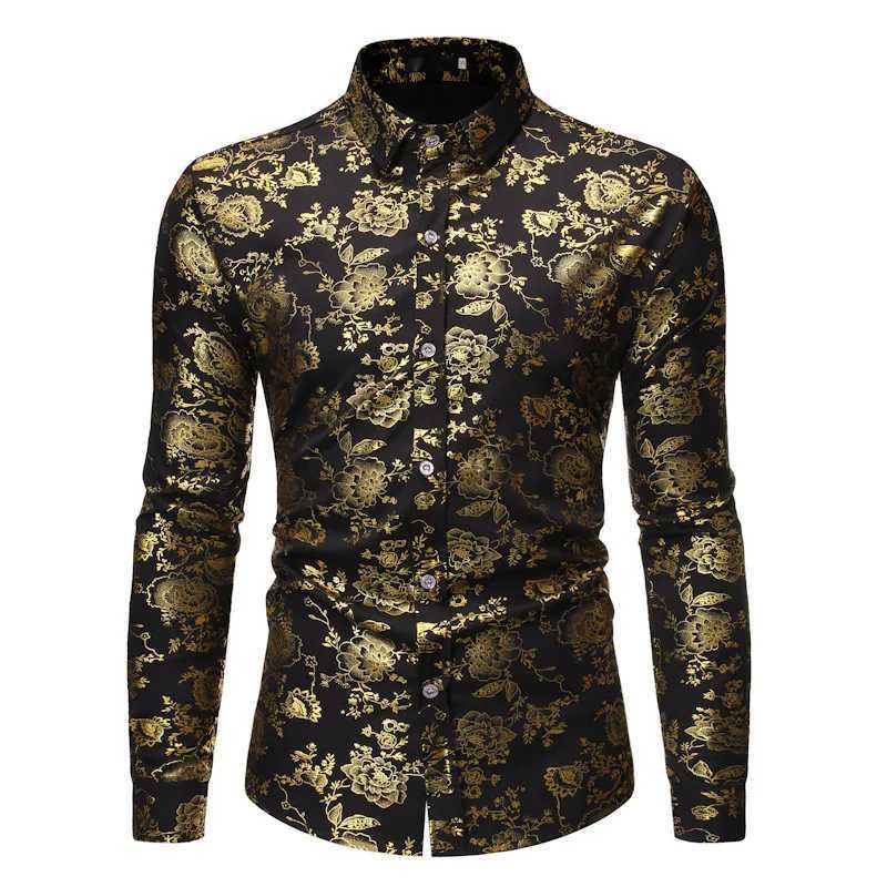 New Men Gold Stamp Printed Loose Shirt Black / White / Wine Red Fashion Male Business Social Casual Lapel Tops M260305