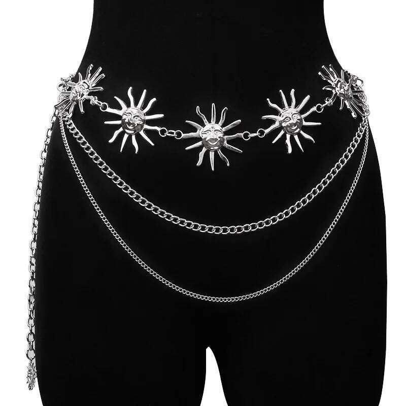 Chunky Multilayer Punk Gothic Moon Sun Metal Waist Belts for Women Dress Body Chain Jewelry S260304