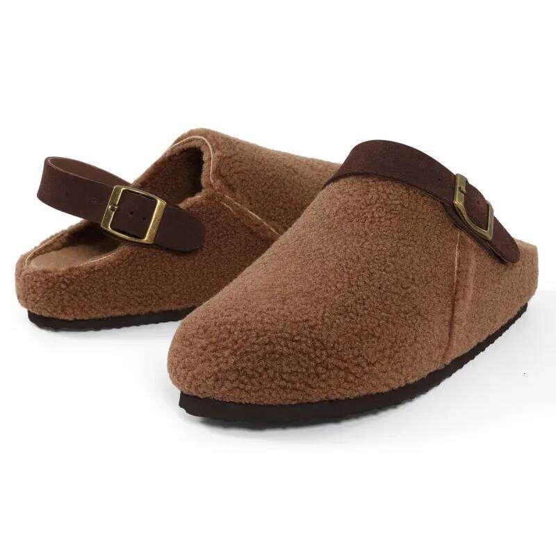 Kidmi Winter Plush Back Strap Cork sole Women's Slippers with Metal Buckle Apricot Brown Grey Casual Shoes