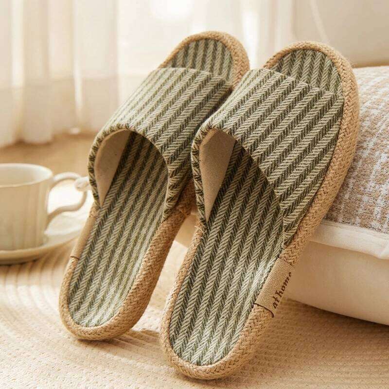 Janpanest Cotton Linen Slippers For Womeen Men Leisure House Shoes Striped Style Anti-slip Couples Home Breathable Slides