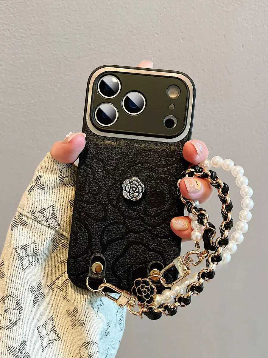 Luxury Camellia Embossed Phone Case with Pearl Chain & Lens Protector For iPhone 17 Pro Max 16 15 14 13 12 Air | Premium Leather CoverT260305