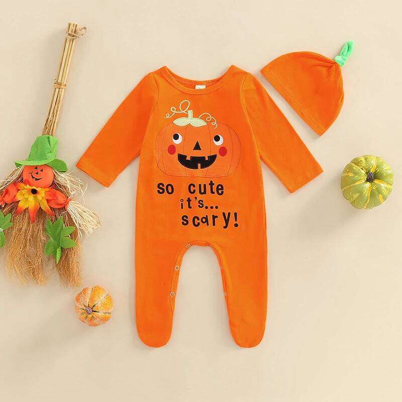 Babys Sleeve Footed Jumpsuit Halloween Pumpkin Letter Round Neck Long Romper with Hat Z260304