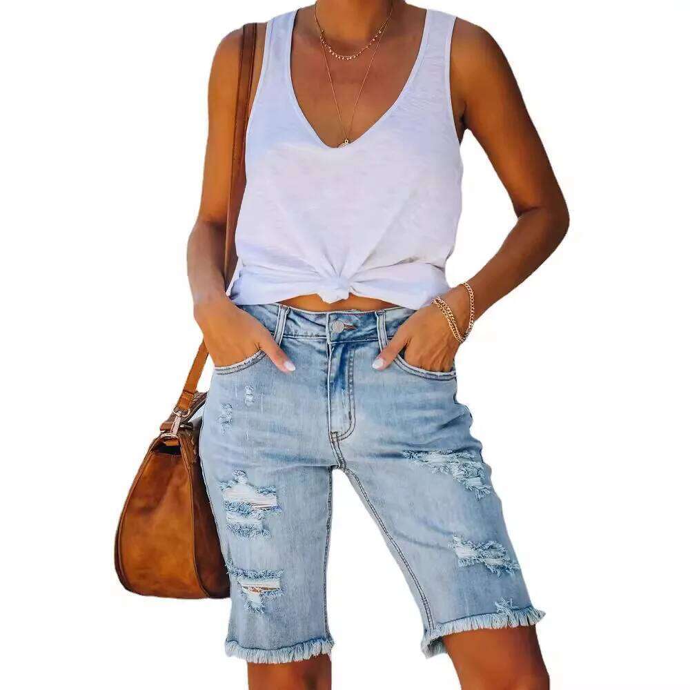 Commuting Mid-length Straight Leg Jeans. New Summer Fashion Washed Ripped Casual Tassel Design Mid-waist Short Jeans for Women XJ260305