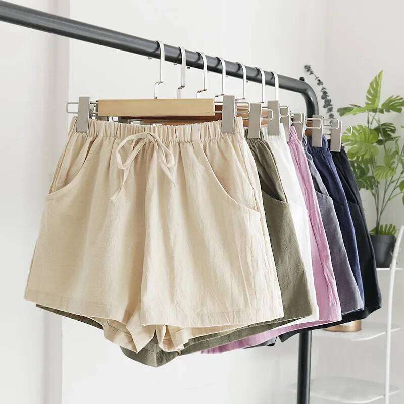 Women's Cotton Linen - High Waist Summer Sports Shorts, Solid Color Casual Basic Pants, Plus Size Fashion Black Shorts XJ260305