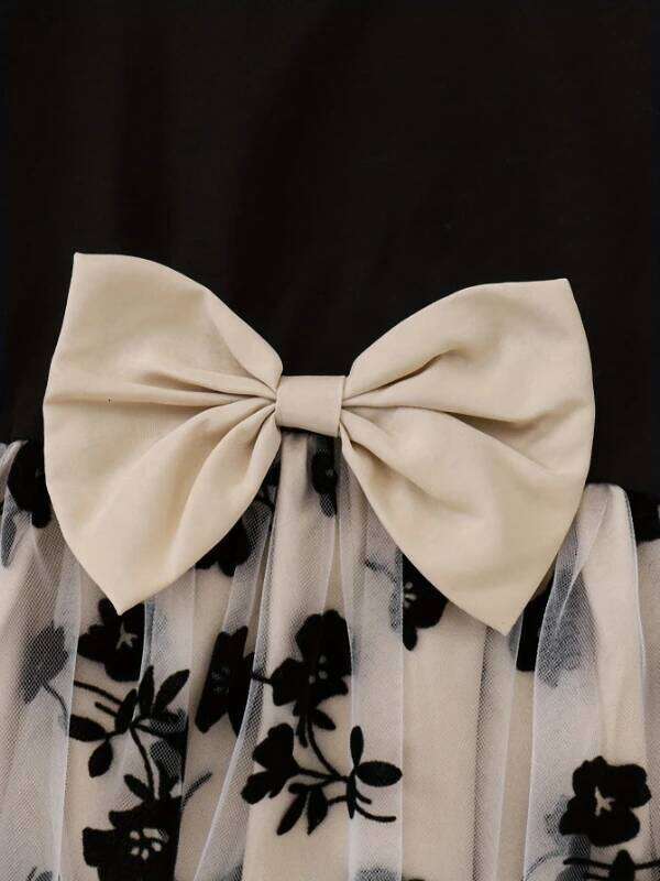 Spring Autumn Infant Toddler round Neck Fly Sleeve Splice Flower Print Tulle Casual Dress for Baby Girls Z260304