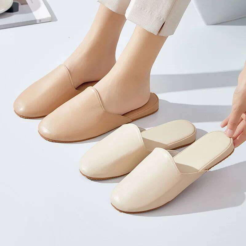 High Quality PU Leather Indoor Slippers For Women Men Office Mules Leisure House Shoes Anti-slip Solid Color Couples Home Slides