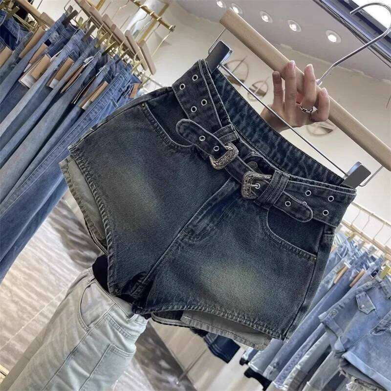 New Retro Design Denim Shorts Women High-waisted Lace-up Jeans with Belt Pockets XJ260305