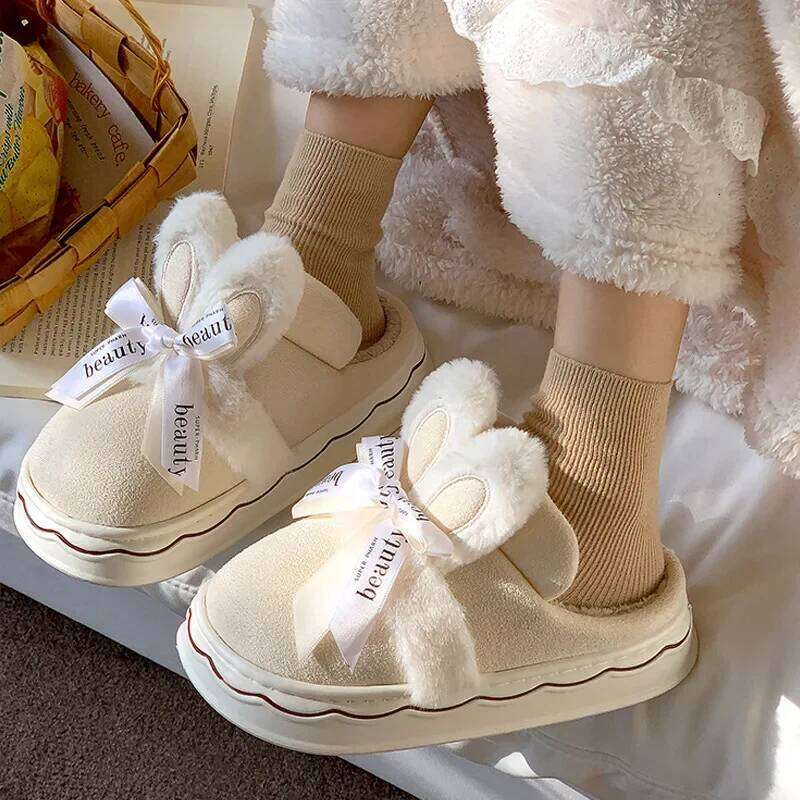 Faux Suede Women's Winter Home Rabbit Bow Cotton Slippers for Warmth, New Thick Soled Princess Style