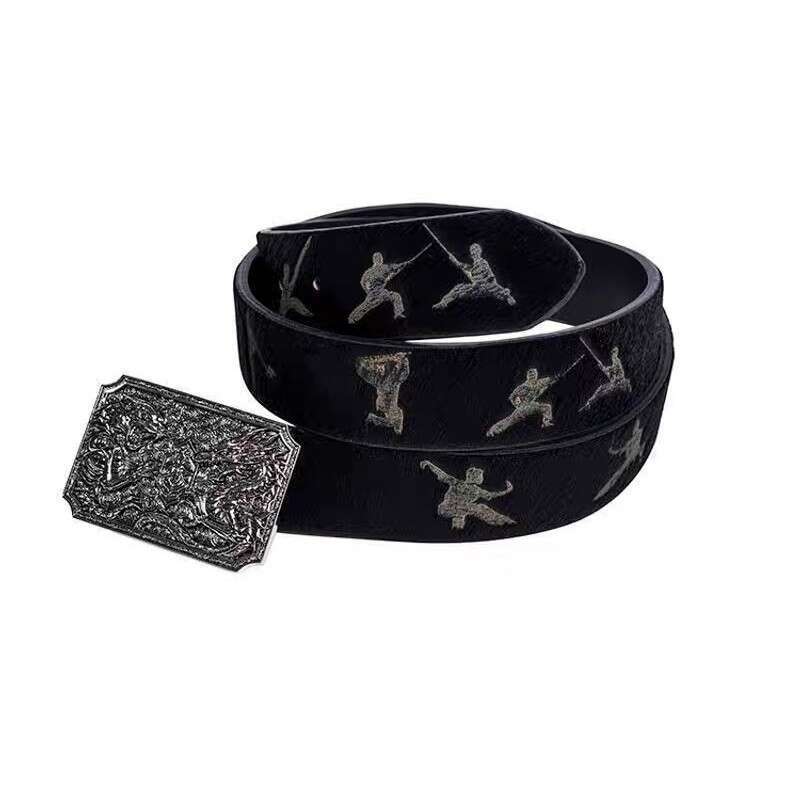 Martial Arts Burning Flower Figurine for Men Laser Engraved Double Dragon Metal Buckle Leather Belt Personalized Retro Decorative Waistband