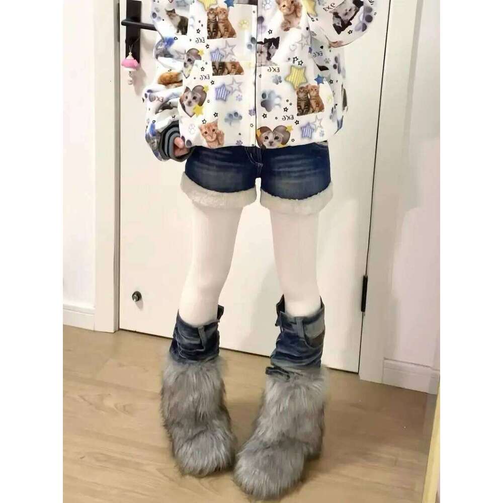 Y2k Spice Girls Washed Retro Plush Fluff Splicing Jeans Shorts Women's Straight Skinny Wide Legs Hot Pants XJ260305