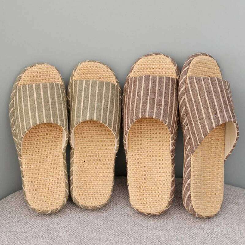 Breathable Linen Slippers For Women Men Summer House Shoes Striped Design Soft Sole Anti-Slip Couples Home Floor Cotton Slides