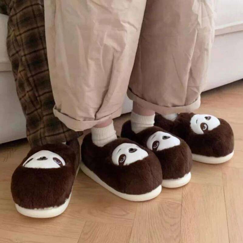 Indoor Cotton Slippers For Women Men Winter Warm Cute Cartoon Sloth Soft Plush Anti-slip Couples Home Floor Fluffy Shoes