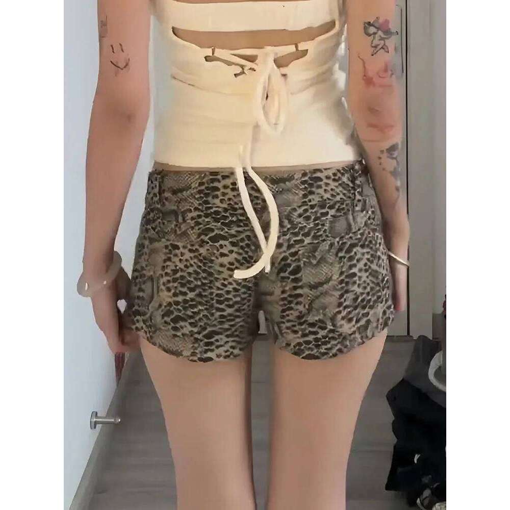 American Vintage Washed Leopard Print Shorts Y2k E-girl Low-waisted Lace Up Ropa Mujer Summer New A-line Wide Leg XJ260305