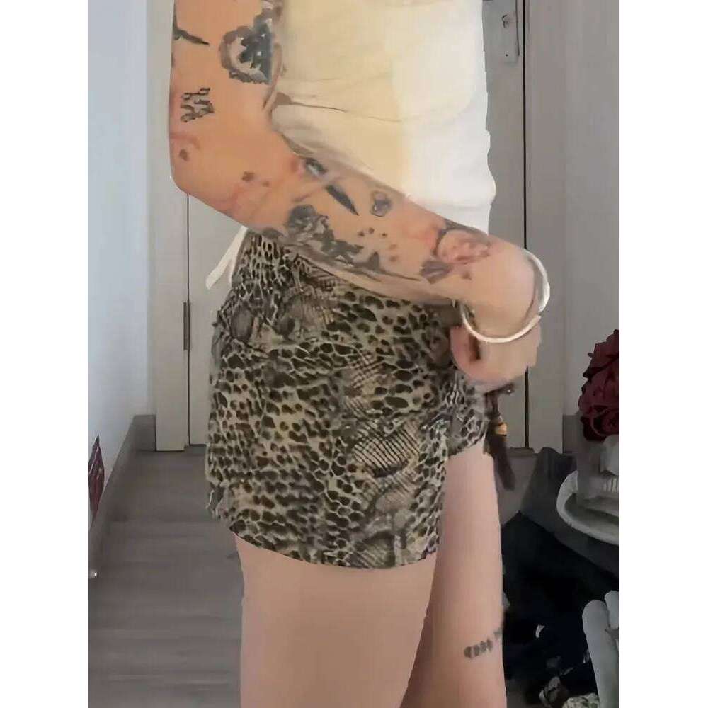 American Vintage Washed Leopard Print Shorts Y2k E-girl Low-waisted Lace Up Ropa Mujer Summer New A-line Wide Leg XJ260305