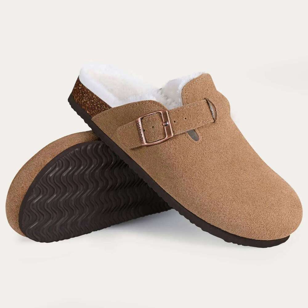 Kidmi Classic Mules For Womens New Winter Genuine Fur Suede Clogs Cork Footbed Cozy Fuzzy Slippers With Adjustable Buckle