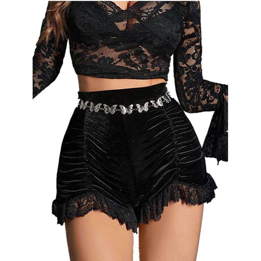 Goth Velvet Ruched Black Shorts Pants Gothic Mall Women High Waist Sexy Girl Grunge Skinny Bottoms Lace Hem Alt Clothes Short XJ260305