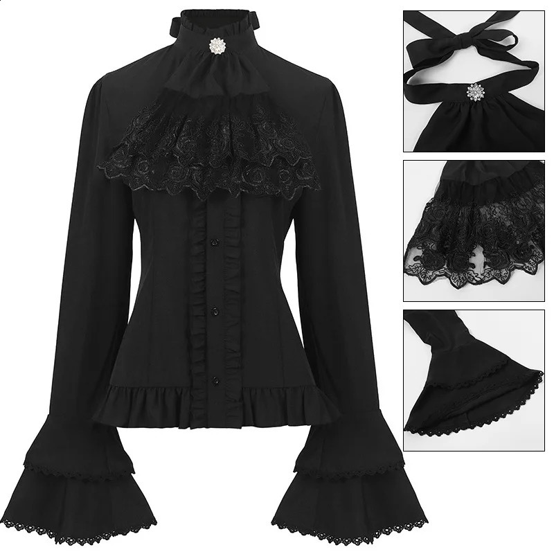 2025 Spring Fall Medieval Vintage Cos Standing Collar Premium Prom Shirt WomenFrench Waistcinching Steampunk Female Camisas 260228