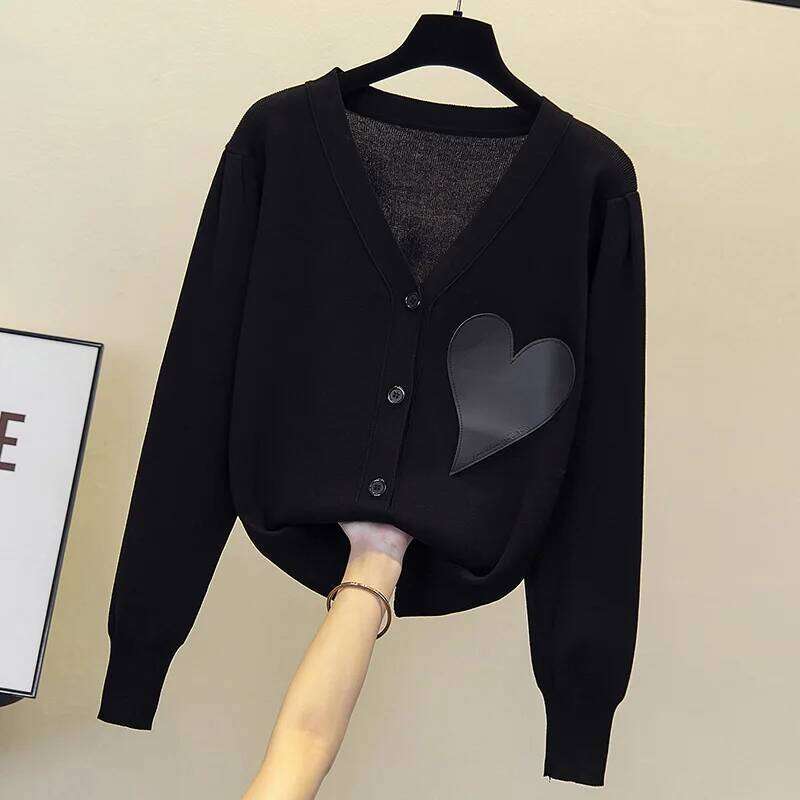 Love V-neck Knit Cardigan Sweater Women Oversized Tops Knitwear Autumn Winter Long Sleeve Double-breasted Elegant Jumpers XJ260305