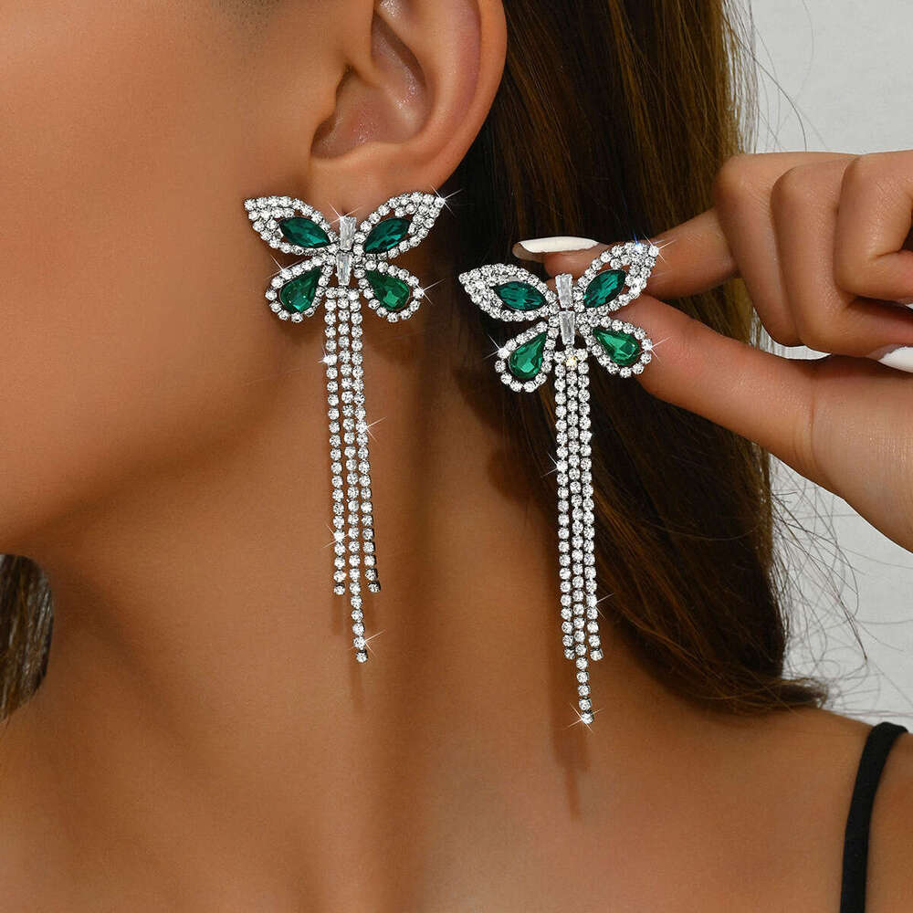 European American Light Luxury Full Diamond Butterfly Tassel Earrings Women's Stud And Drop Earrings