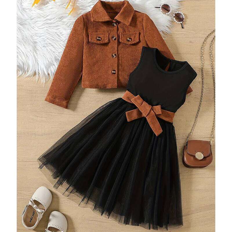New Autumn Girls Clothing Set Full Sleeve Fashion Short Corduroy Jacket + Dress 2Pcs Outfit For Kids Children Birthday Present Z260304