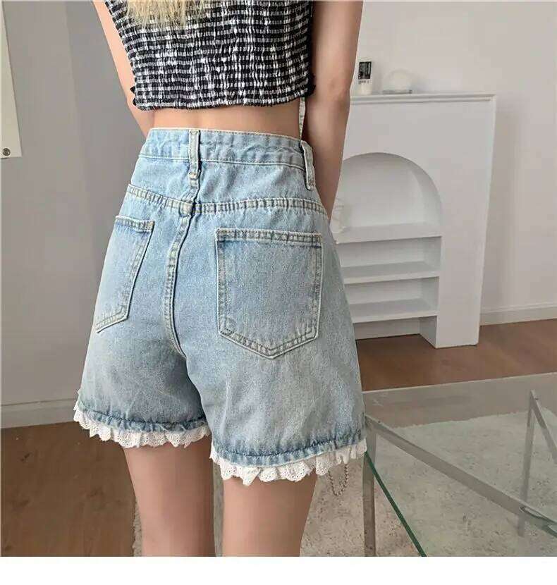 Summer Lace Trimmed Patchwork Women's Denim Short Pants 2025 High Waist Casual Loose thin Jeans Wide Leg Shorts Retro for Women XJ260305