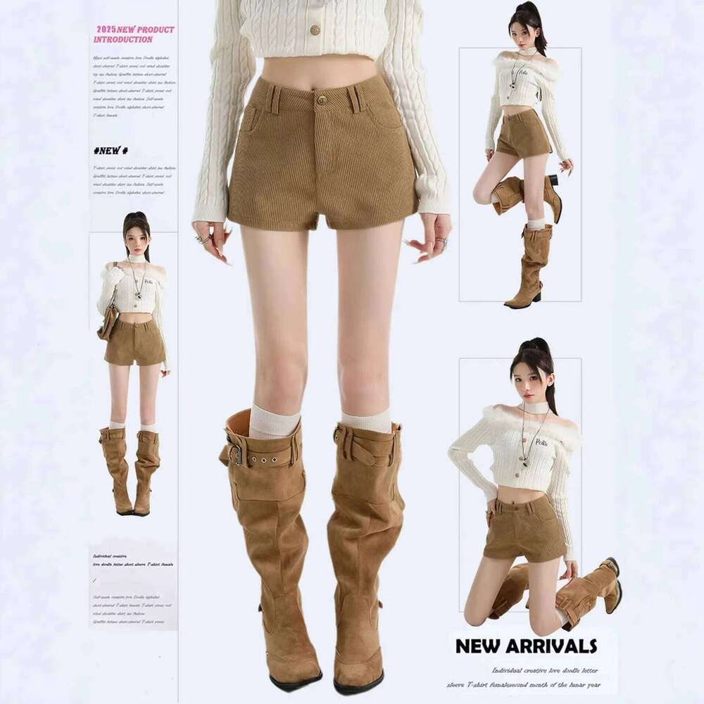 Women's Spring Retro Corduroy Shorts High Waist Slim Fit Butt Hugging A Line Hot Pants XJ260305