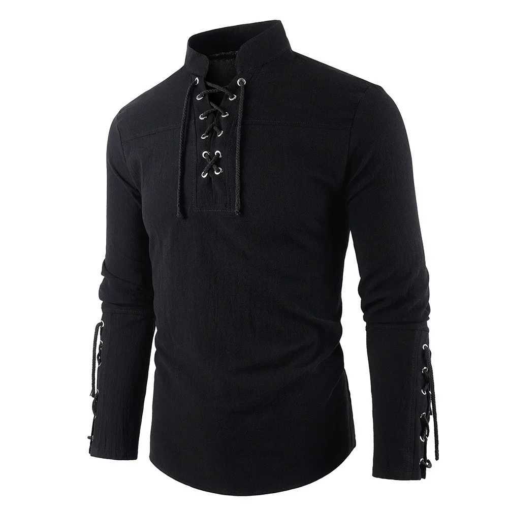 Mens Casual Cotton Linen T-shirt Henley Neck Drawstring Design Tops Medieval Costume Halloween Party Vintage Stylish Tees M260305