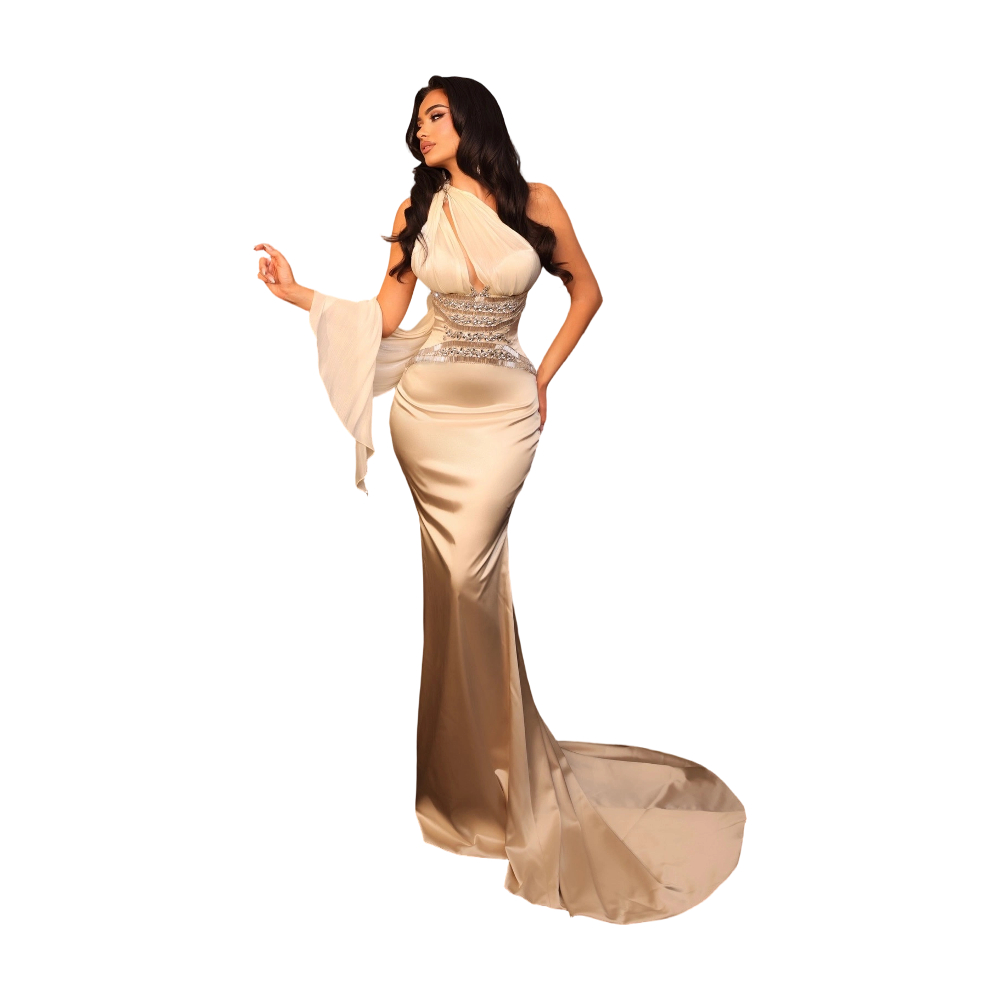 Glamorous Evening Dresses Mermaid One Shoulder Sequins Pearls Pleats Satin Customized Sweep Train Prom Vestido De Noite