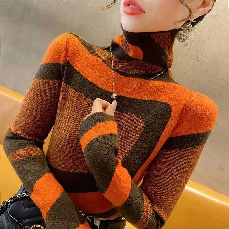 Women Clothing Fashion All-match Slim Knit Pullovers Autumn Winter Elegant Chic Geometric Patchwork Sweaters Office Lady Y2k Top XJ260305