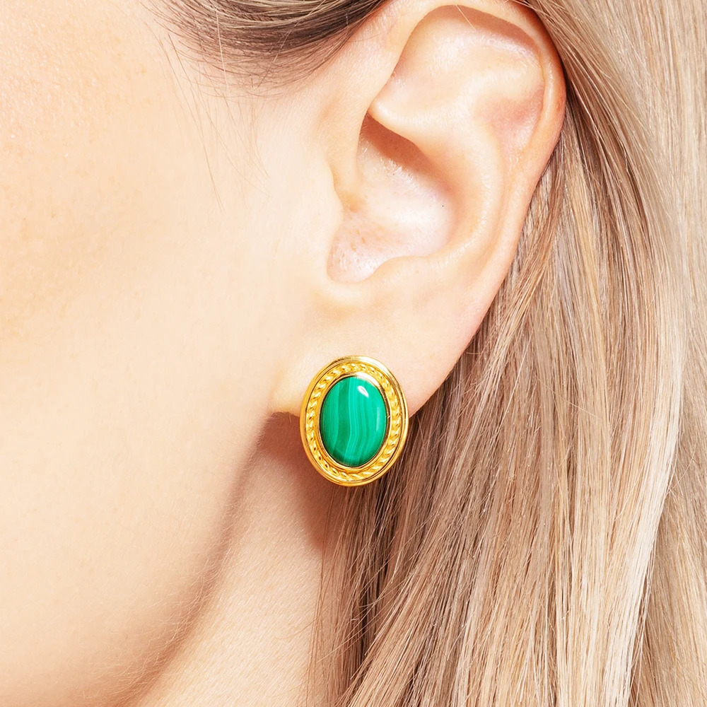 Green Oval Stone Golden Studs EarringsEurope Style Fine Jewerly For Women Vintage Gift In 925 Sterling Silver 260303