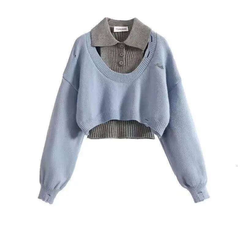 American Style Short Women's Autumn Winter Wear Two-Piece Set Knitted Sweater And Vest Top outfit knitted Pullover Shirt XJ260305