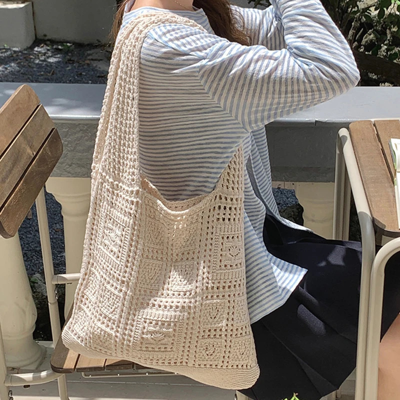 Simple Crochet Tote Bags Fashion Hollow Knitted Womens Bags Casual Female Shoulder Bags Ladies Shopping Top-Handle Bags Handbag 260303