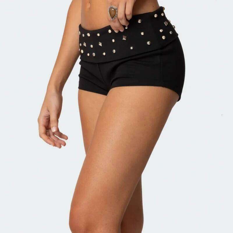 Women Y2K Studded Foldover Sexy Low Rise Slim Fit Pj Micro Casual Stretchy Yoga Shorts Loungewear XJ260305
