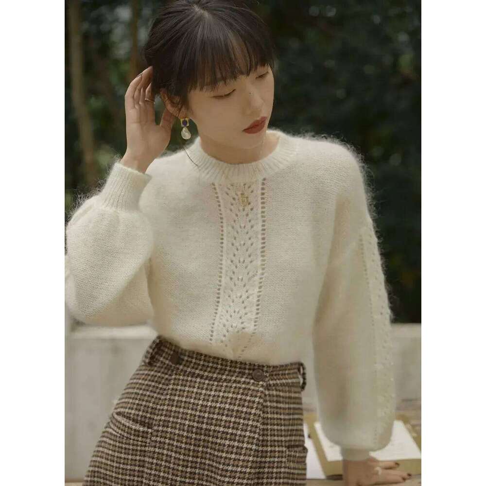 New 2025 Autumn Spring Soft Mohair Sweater Chic Women O Neck Knitted Hollow Out Lantern Sleeve Loose White Short Thin Pullover XJ260305